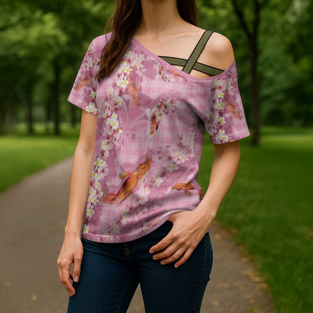 Pink Palaka Hawaiian And Japanese Cross Shoulder Shirt Sakura Lei With Koi Fish - Polynesian Pride