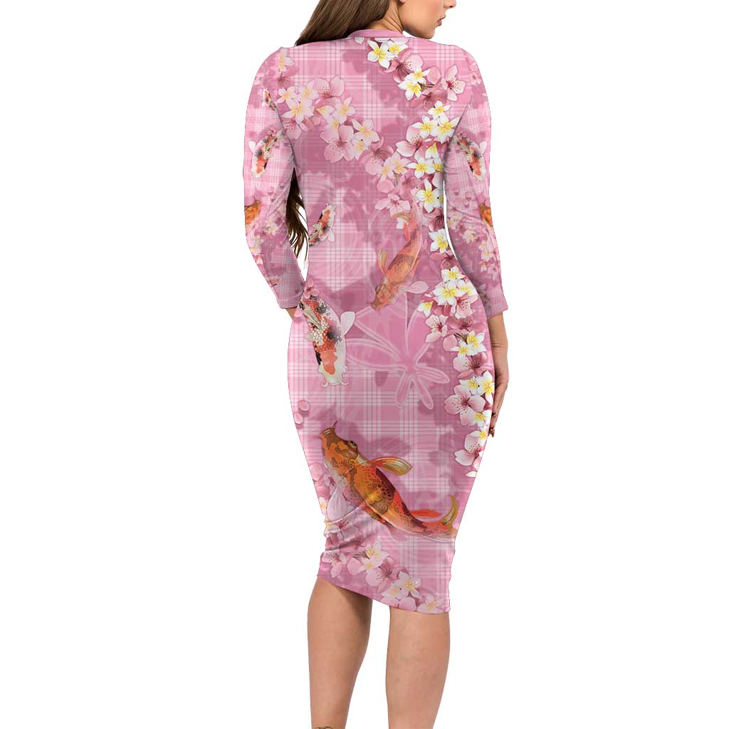 Pink Palaka Hawaiian And Japanese Family Matching Long Sleeve Bodycon Dress and Hawaiian Shirt Sakura Lei With Koi Fish - Polynesian Pride
