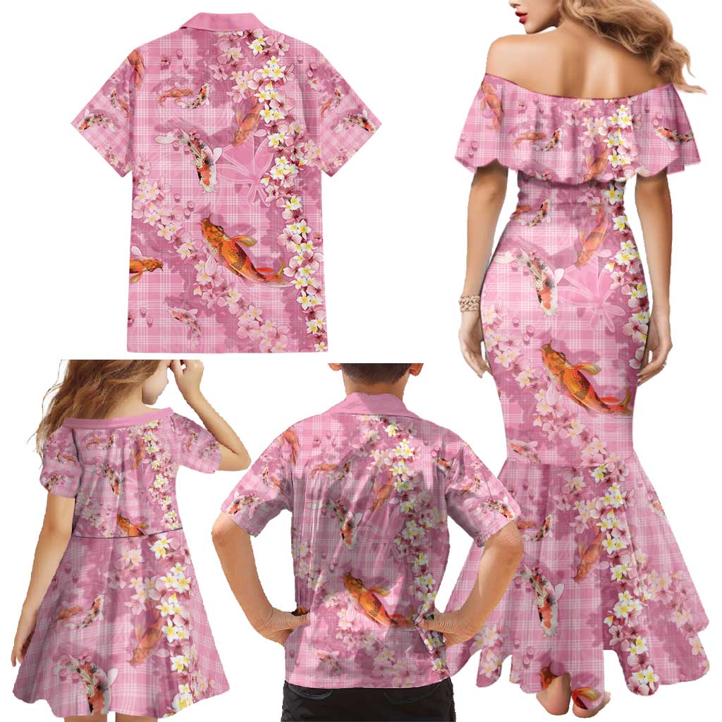 Pink Palaka Hawaiian And Japanese Family Matching Mermaid Dress and Hawaiian Shirt Sakura Lei With Koi Fish - Polynesian Pride