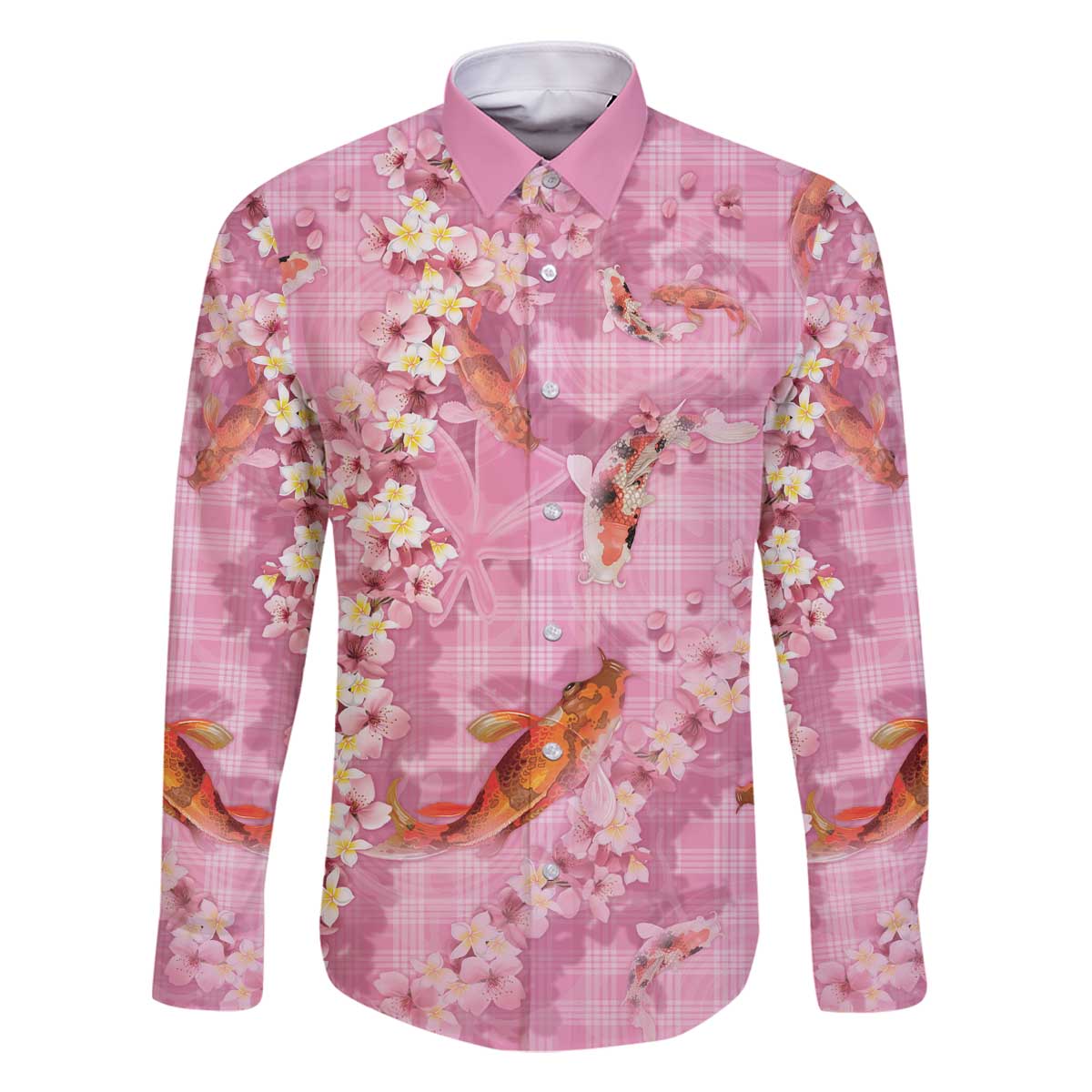 Pink Palaka Hawaiian And Japanese Family Matching Off The Shoulder Long Sleeve Dress and Hawaiian Shirt Sakura Lei With Koi Fish - Polynesian Pride