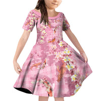 Pink Palaka Hawaiian And Japanese Family Matching Off Shoulder Short Dress and Hawaiian Shirt Sakura Lei With Koi Fish - Polynesian Pride