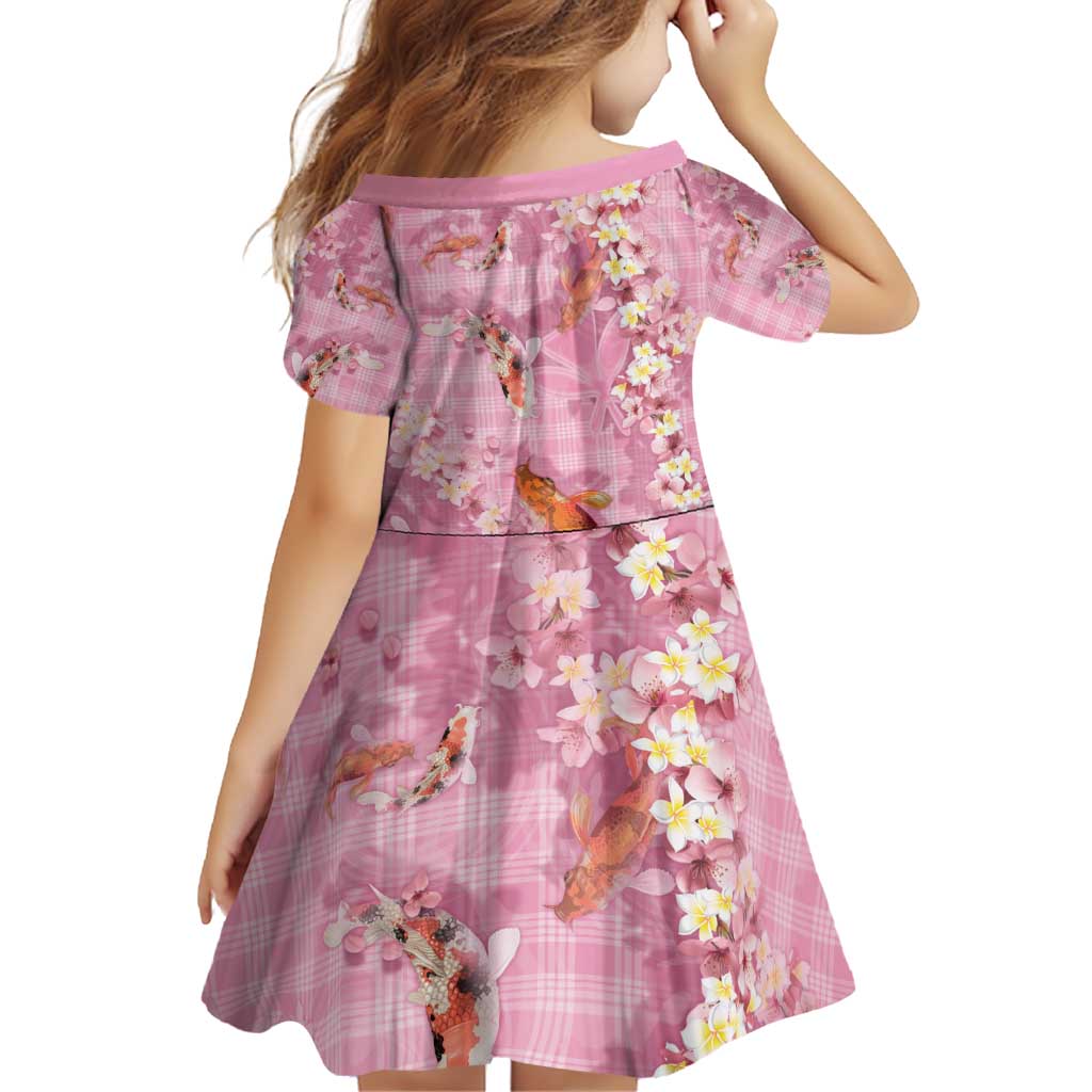 Pink Palaka Hawaiian And Japanese Family Matching Off Shoulder Short Dress and Hawaiian Shirt Sakura Lei With Koi Fish - Polynesian Pride