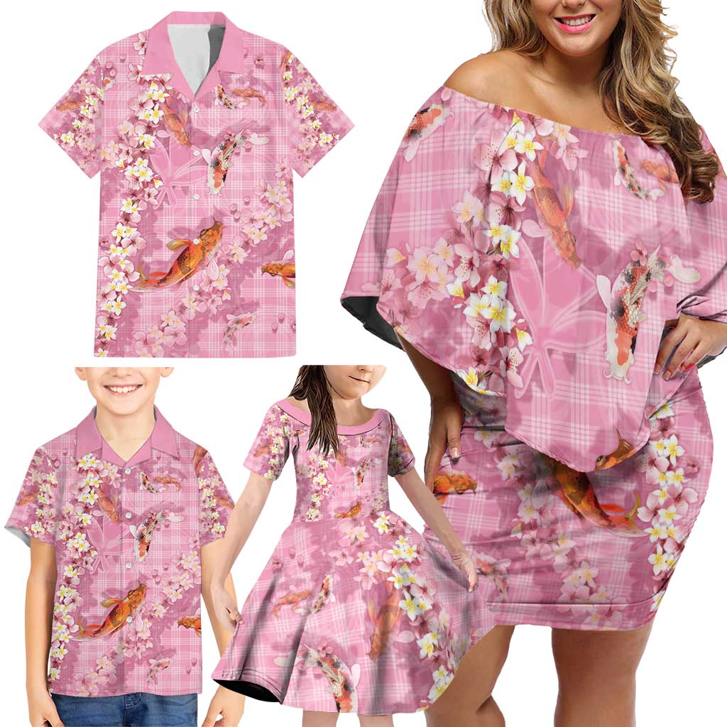 Pink Palaka Hawaiian And Japanese Family Matching Off Shoulder Short Dress and Hawaiian Shirt Sakura Lei With Koi Fish - Polynesian Pride