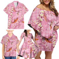Pink Palaka Hawaiian And Japanese Family Matching Off Shoulder Short Dress and Hawaiian Shirt Sakura Lei With Koi Fish - Polynesian Pride