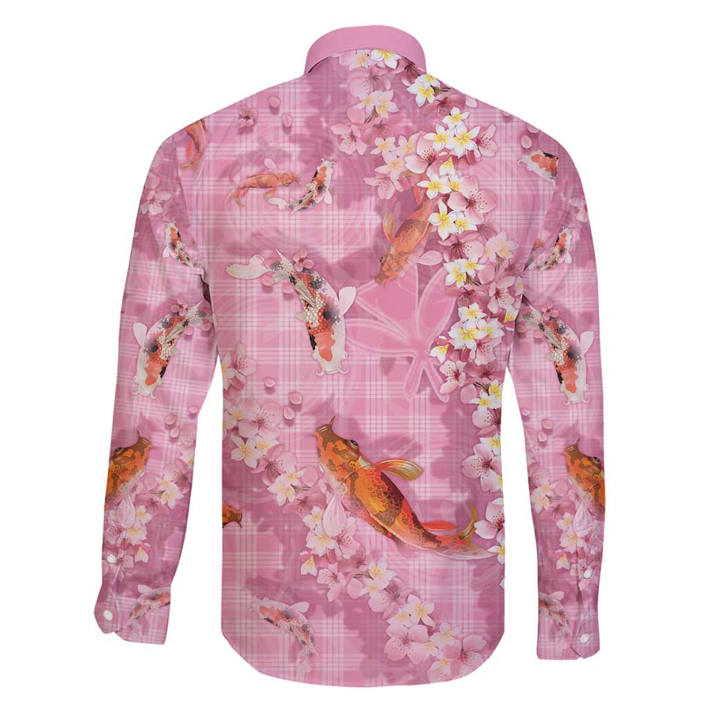Pink Palaka Hawaiian And Japanese Family Matching Off Shoulder Short Dress and Hawaiian Shirt Sakura Lei With Koi Fish - Polynesian Pride