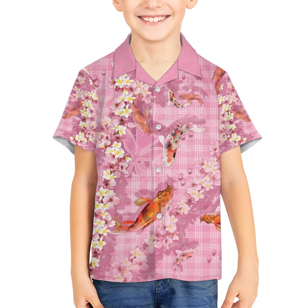 Pink Palaka Hawaiian And Japanese Family Matching Off Shoulder Short Dress and Hawaiian Shirt Sakura Lei With Koi Fish - Polynesian Pride