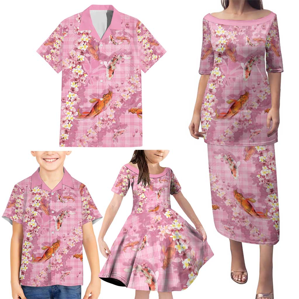 Pink Palaka Hawaiian And Japanese Family Matching Puletasi and Hawaiian Shirt Sakura Lei With Koi Fish - Polynesian Pride