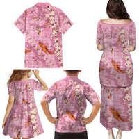 Pink Palaka Hawaiian And Japanese Family Matching Puletasi and Hawaiian Shirt Sakura Lei With Koi Fish - Polynesian Pride