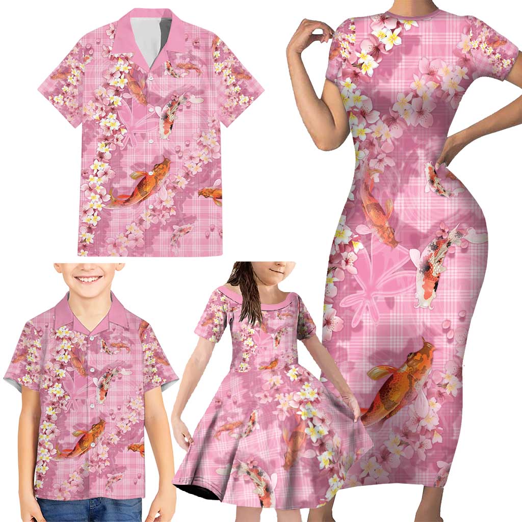 Pink Palaka Hawaiian And Japanese Family Matching Short Sleeve Bodycon Dress and Hawaiian Shirt Sakura Lei With Koi Fish - Polynesian Pride