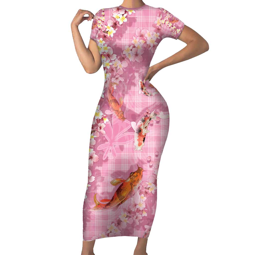 Pink Palaka Hawaiian And Japanese Family Matching Short Sleeve Bodycon Dress and Hawaiian Shirt Sakura Lei With Koi Fish - Polynesian Pride