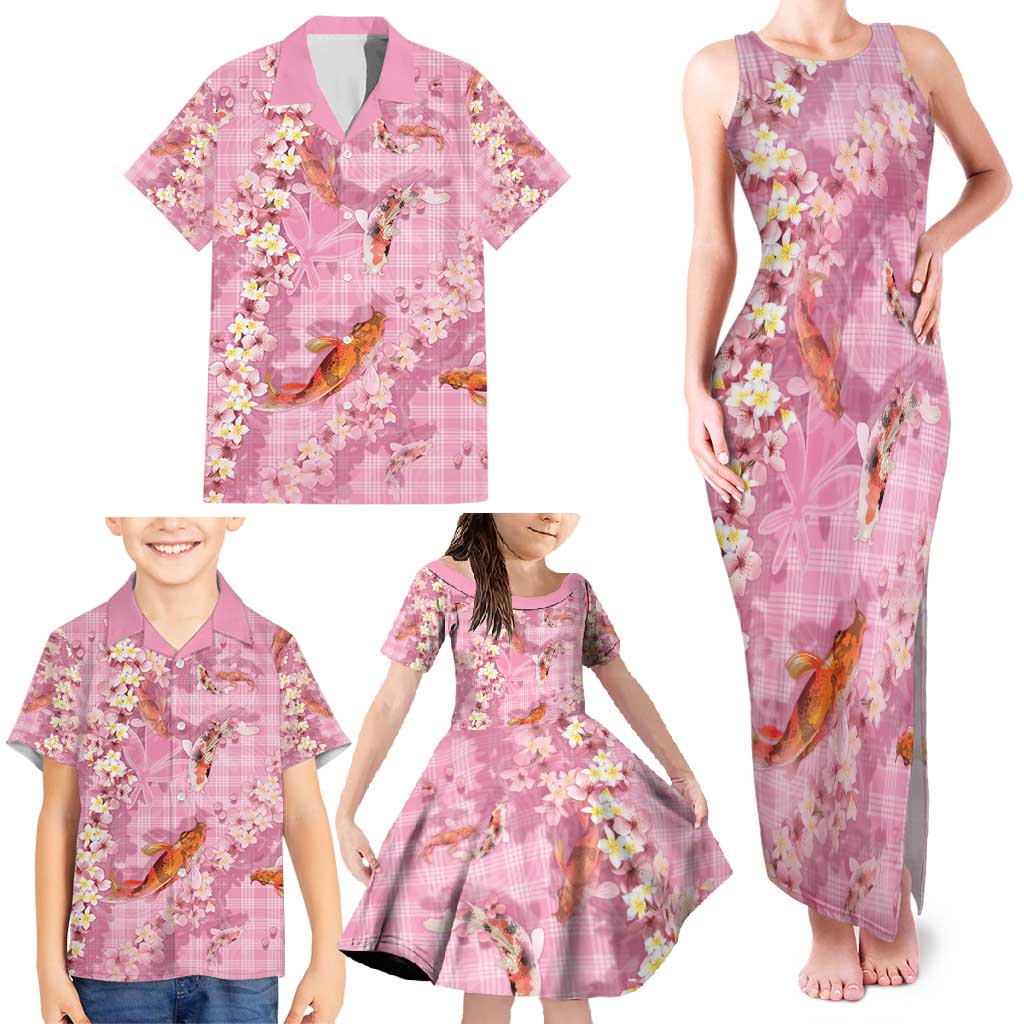 Pink Palaka Hawaiian And Japanese Family Matching Tank Maxi Dress and Hawaiian Shirt Sakura Lei With Koi Fish - Polynesian Pride