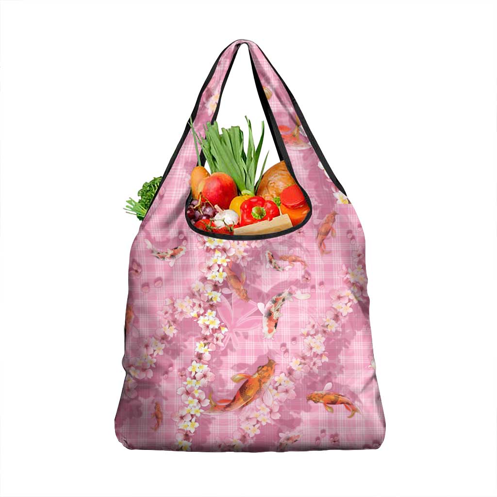 Pink Palaka Hawaiian And Japanese Grocery Bag Sakura Lei With Koi Fish - Polynesian Pride