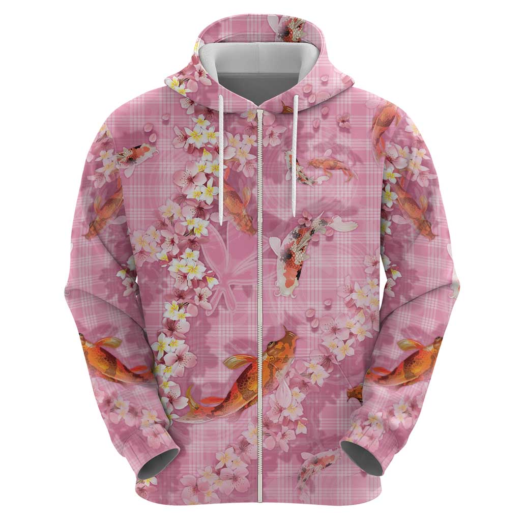 Pink Palaka Hawaiian And Japanese Hoodie Sakura Lei With Koi Fish - Polynesian Pride