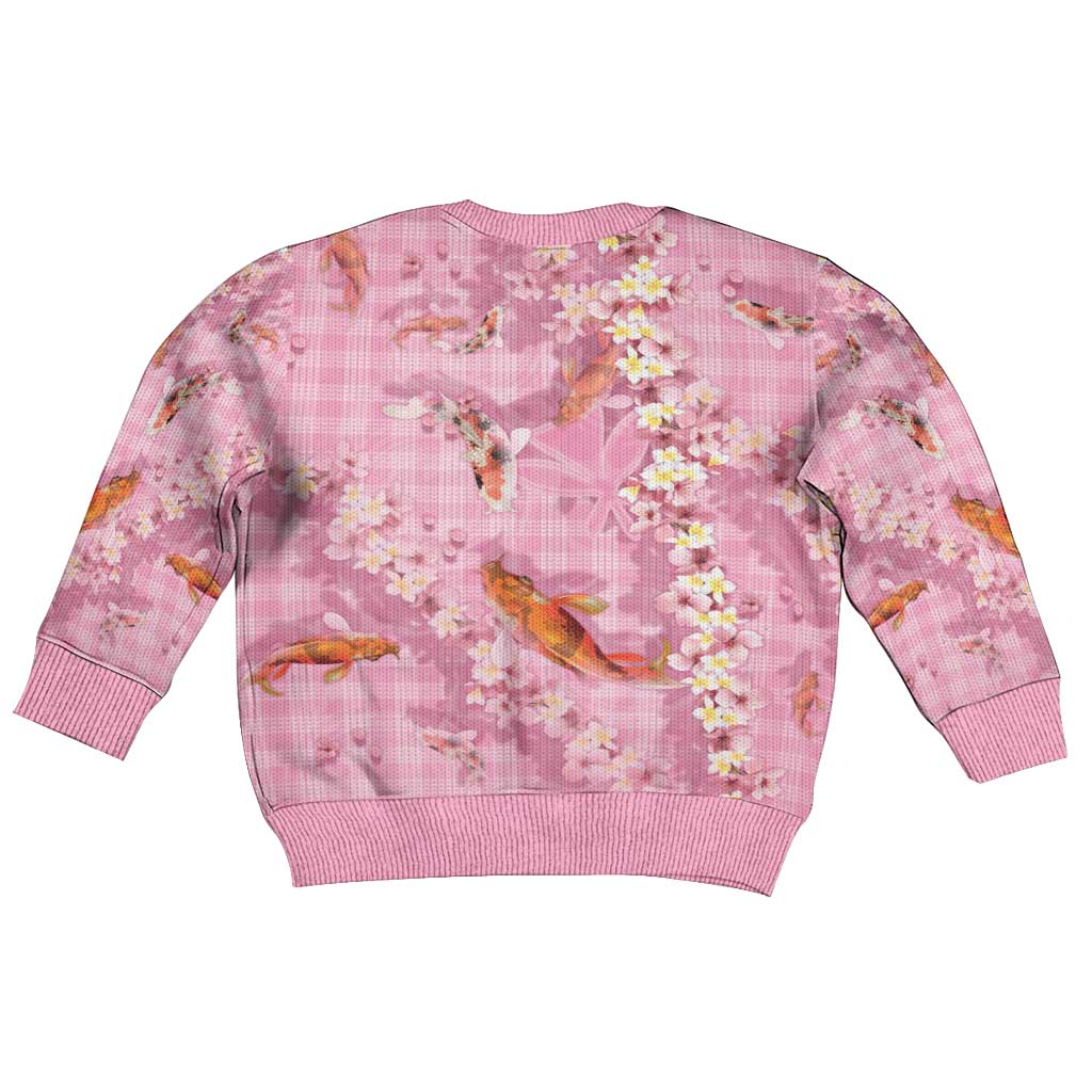Pink Palaka Hawaiian And Japanese Kid Ugly Christmas Sweater Sakura Lei With Koi Fish - Polynesian Pride