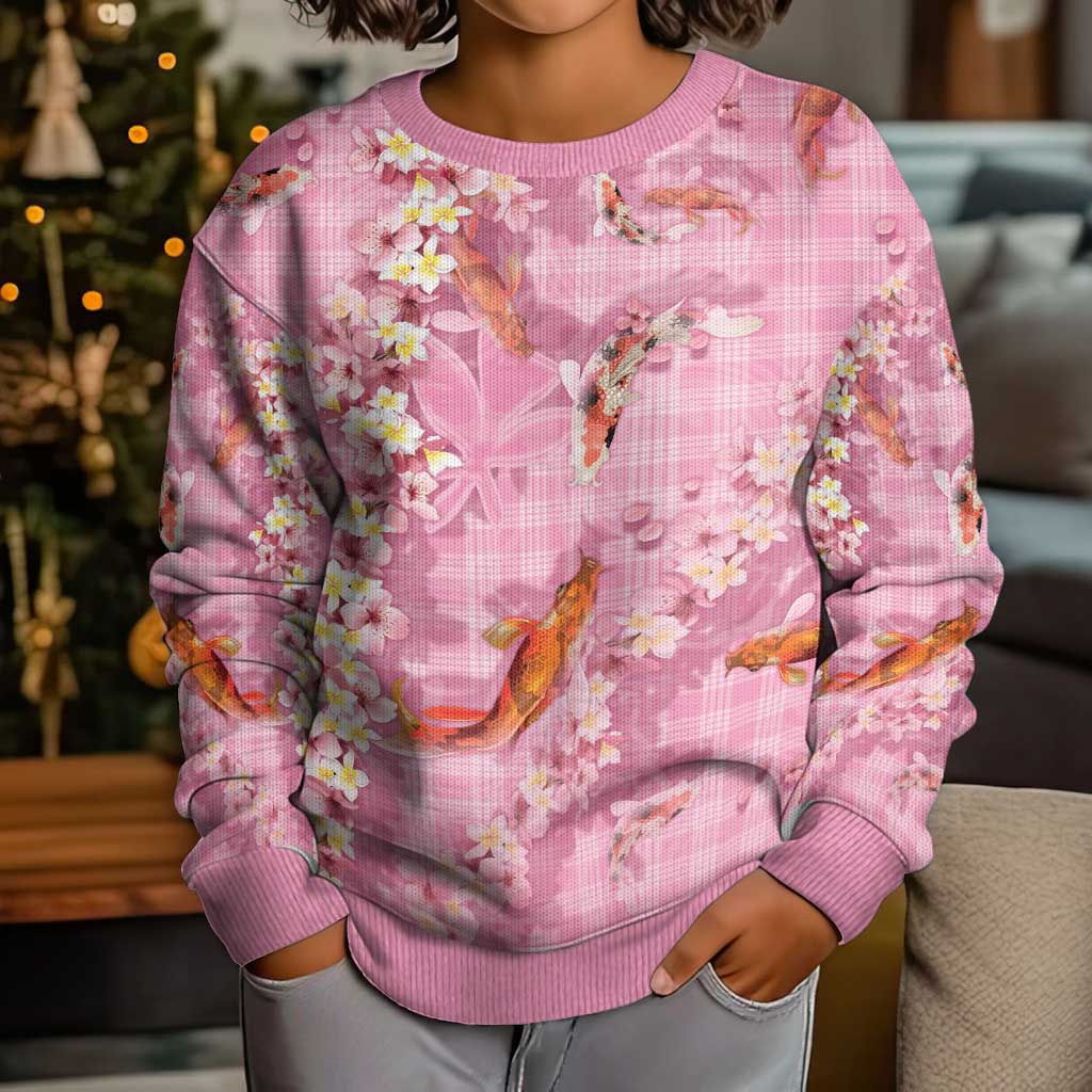 Pink Palaka Hawaiian And Japanese Kid Ugly Christmas Sweater Sakura Lei With Koi Fish - Polynesian Pride