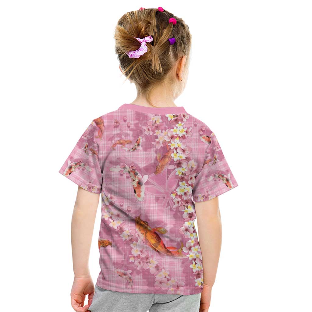 Pink Palaka Hawaiian And Japanese Kid T Shirt Sakura Lei With Koi Fish - Polynesian Pride