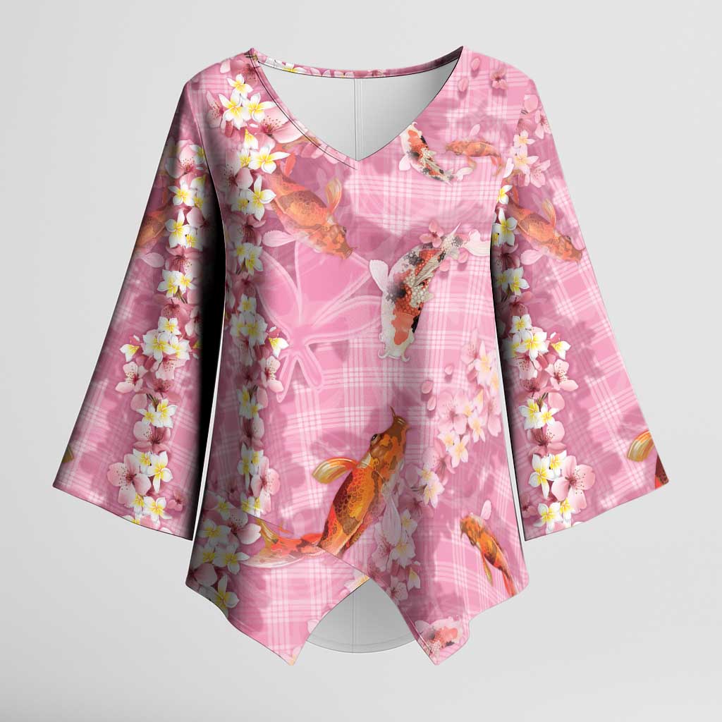 Pink Palaka Hawaiian And Japanese Kimono Sleeve Blouse Sakura Lei With Koi Fish - Polynesian Pride