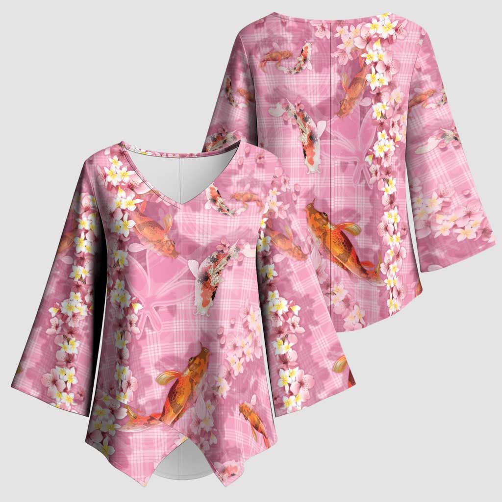Pink Palaka Hawaiian And Japanese Kimono Sleeve Blouse Sakura Lei With Koi Fish - Polynesian Pride