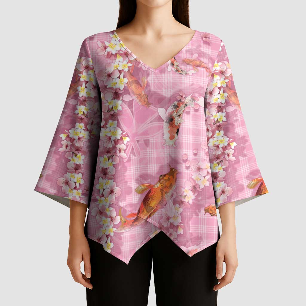 Pink Palaka Hawaiian And Japanese Kimono Sleeve Blouse Sakura Lei With Koi Fish - Polynesian Pride