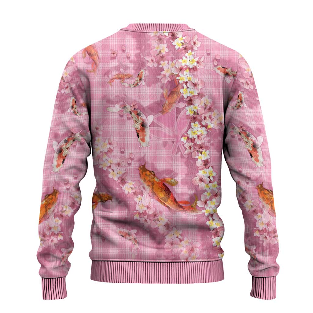 Pink Palaka Hawaiian And Japanese Ugly Christmas Sweater Sakura Lei With Koi Fish - Polynesian Pride