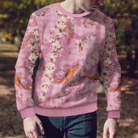 Pink Palaka Hawaiian And Japanese Ugly Christmas Sweater Sakura Lei With Koi Fish - Polynesian Pride