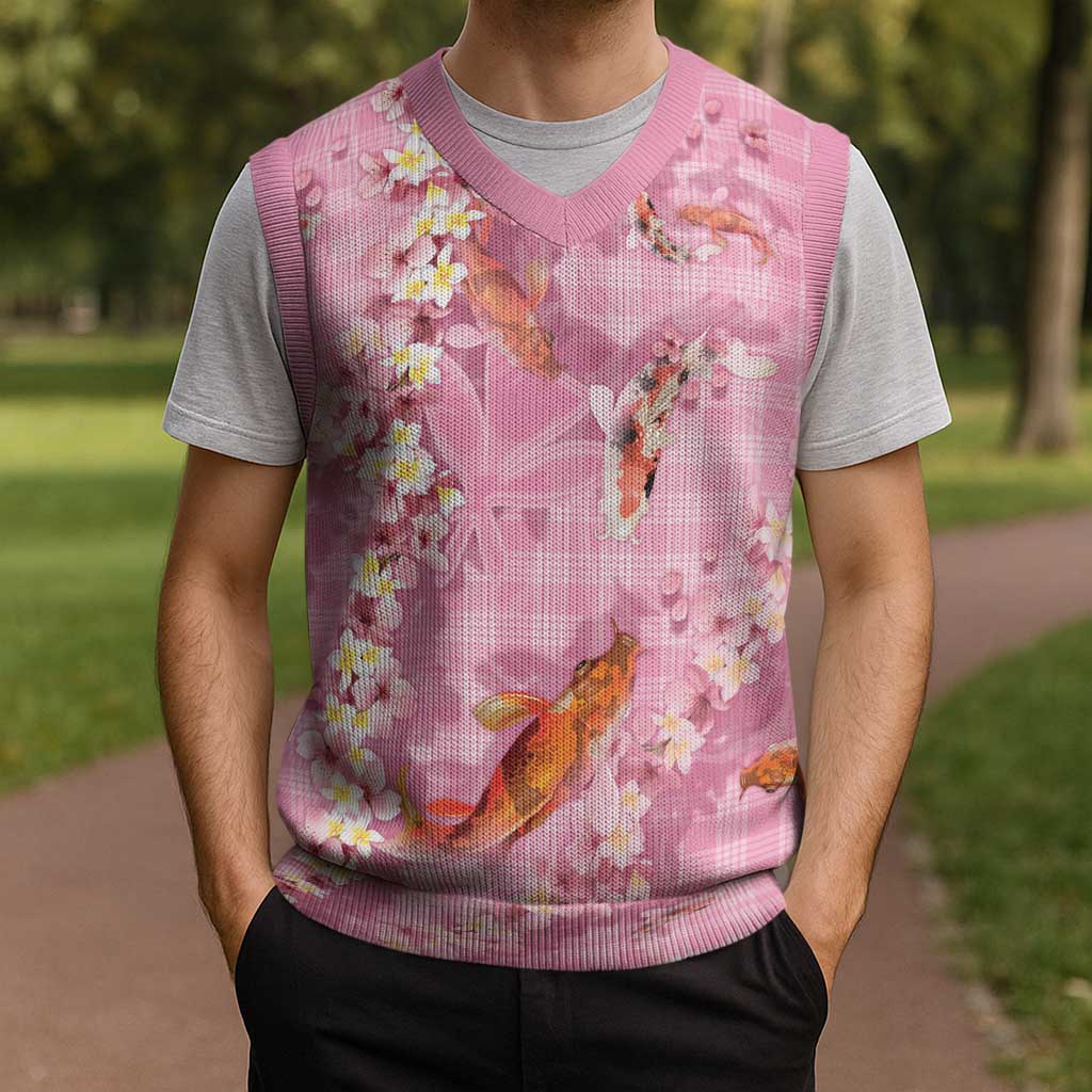 Pink Palaka Hawaiian And Japanese Christmas Knitted V-Neck Vest Sakura Lei With Koi Fish - Polynesian Pride