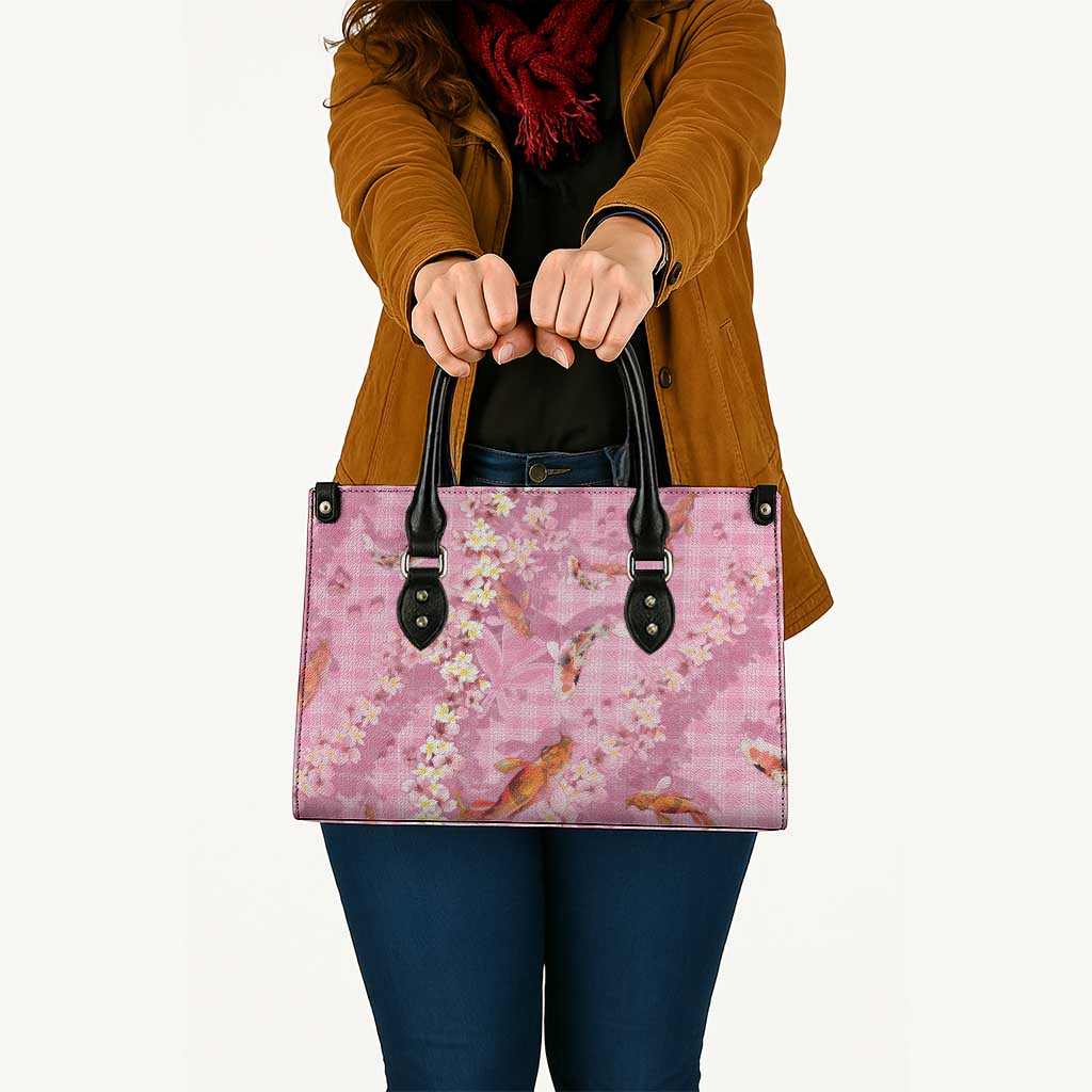 Pink Palaka Hawaiian And Japanese Leather Bag Sakura Lei With Koi Fish - Polynesian Pride