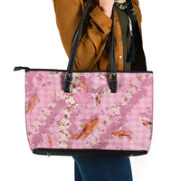 Pink Palaka Hawaiian And Japanese Leather Tote Bag Sakura Lei With Koi Fish - Polynesian Pride