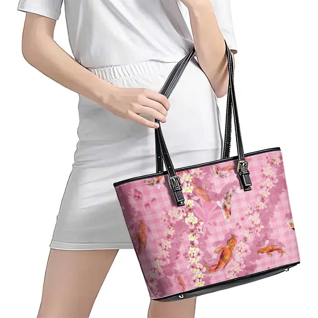 Pink Palaka Hawaiian And Japanese Leather Tote Bag Sakura Lei With Koi Fish - Polynesian Pride