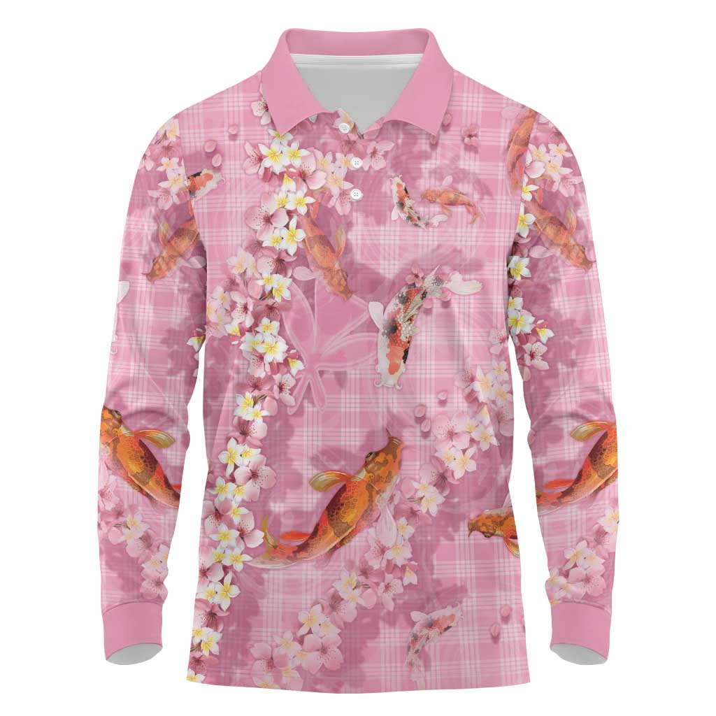 Pink Palaka Hawaiian And Japanese Long Sleeve Polo Shirt Sakura Lei With Koi Fish - Polynesian Pride