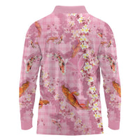 Pink Palaka Hawaiian And Japanese Long Sleeve Polo Shirt Sakura Lei With Koi Fish - Polynesian Pride
