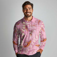 Pink Palaka Hawaiian And Japanese Long Sleeve Polo Shirt Sakura Lei With Koi Fish - Polynesian Pride