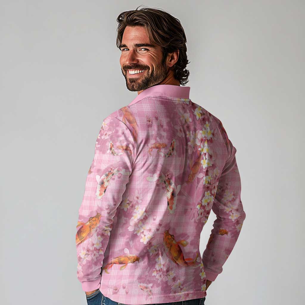 Pink Palaka Hawaiian And Japanese Long Sleeve Polo Shirt Sakura Lei With Koi Fish - Polynesian Pride