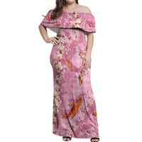 Pink Palaka Hawaiian And Japanese Off Shoulder Maxi Dress Sakura Lei With Koi Fish - Polynesian Pride