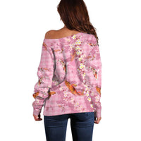 Pink Palaka Hawaiian And Japanese Off Shoulder Sweater Sakura Lei With Koi Fish - Polynesian Pride