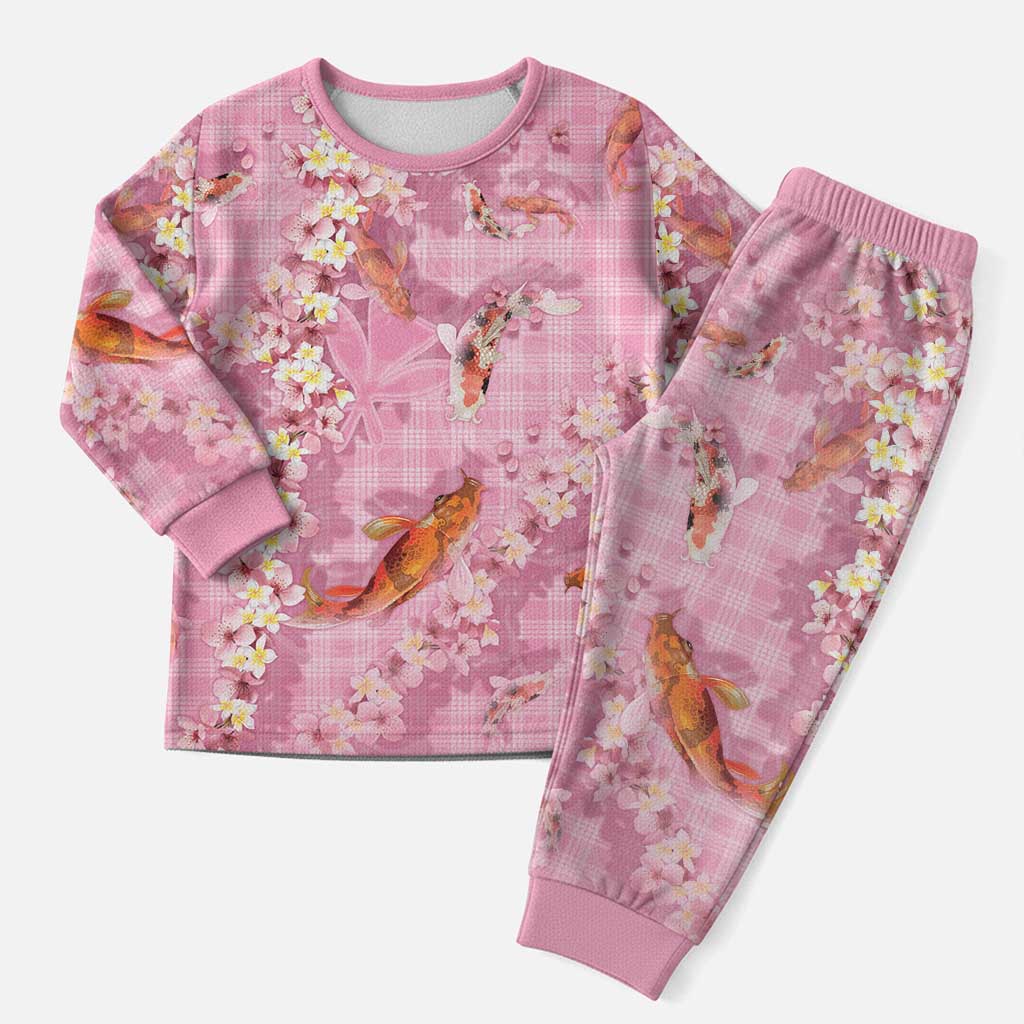 Pink Palaka Hawaiian And Japanese Christmas Pajama Set Sakura Lei With Koi Fish - Polynesian Pride