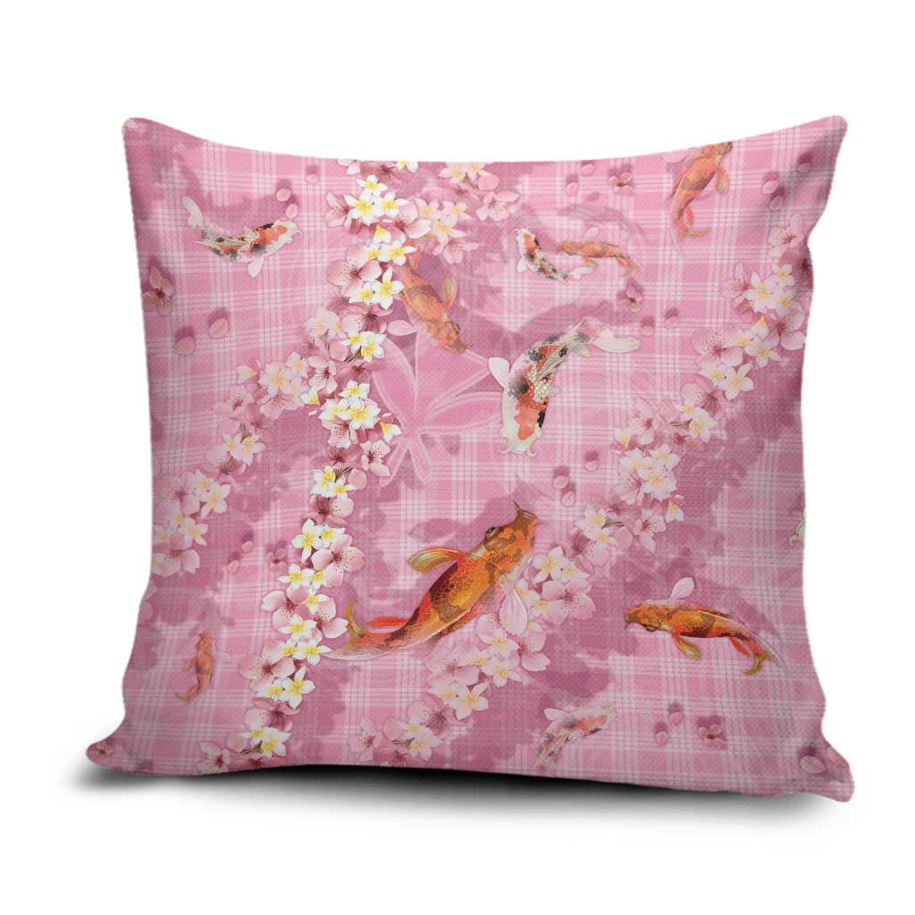 Pink Palaka Hawaiian And Japanese Pillow Cover Sakura Lei With Koi Fish - Polynesian Pride