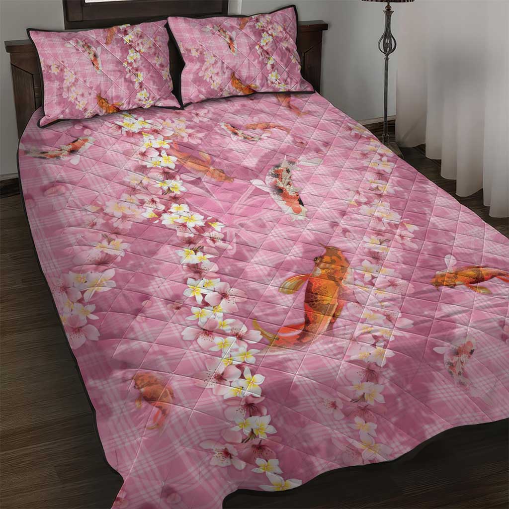 Pink Palaka Hawaiian And Japanese Quilt Bed Set Sakura Lei With Koi Fish - Polynesian Pride