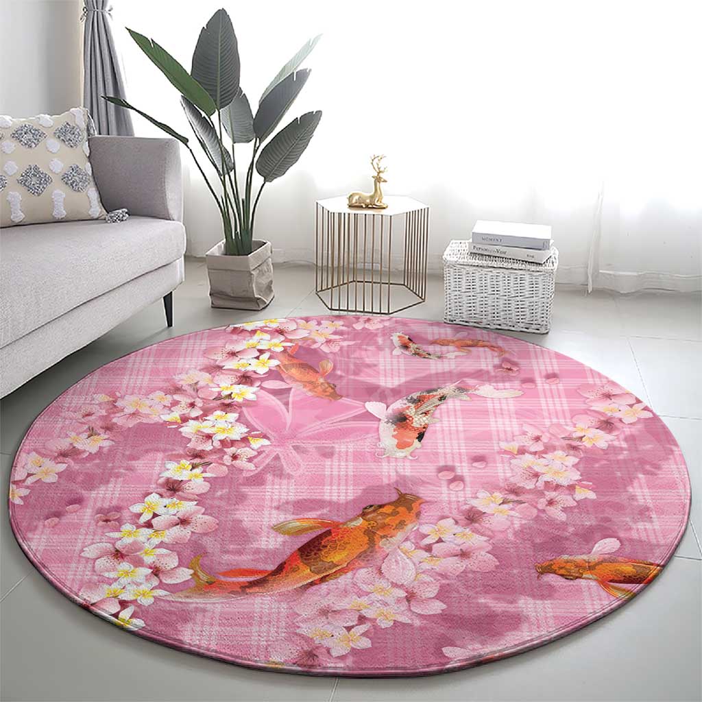 Pink Palaka Hawaiian And Japanese Round Carpet Sakura Lei With Koi Fish - Polynesian Pride