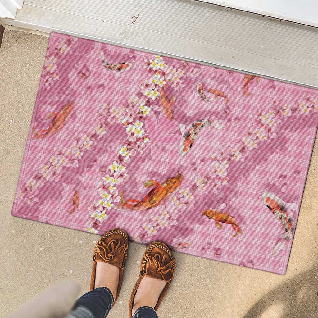 Pink Palaka Hawaiian And Japanese Rubber Doormat Sakura Lei With Koi Fish - Polynesian Pride
