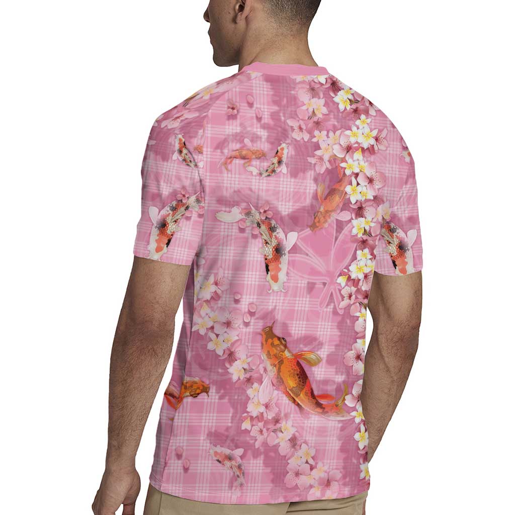 Pink Palaka Hawaiian And Japanese Rugby Jersey Sakura Lei With Koi Fish - Polynesian Pride