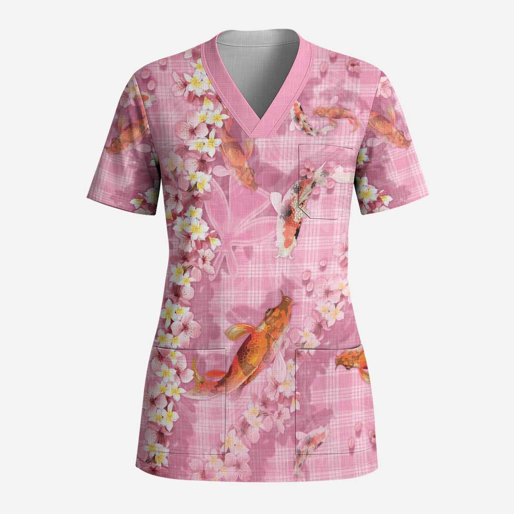 Pink Palaka Hawaiian And Japanese Scrub Top Sakura Lei With Koi Fish - Polynesian Pride