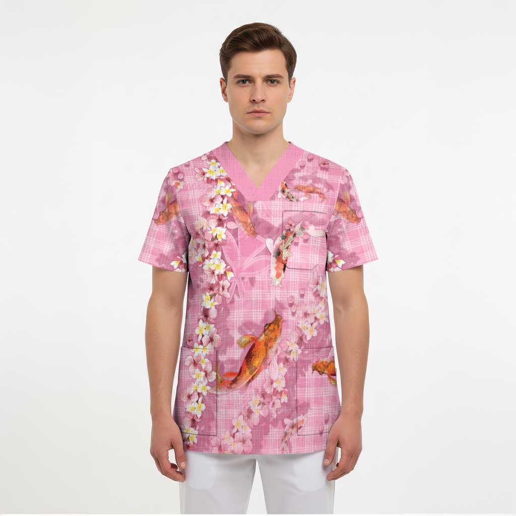 Pink Palaka Hawaiian And Japanese Scrub Top Sakura Lei With Koi Fish - Polynesian Pride