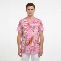 Pink Palaka Hawaiian And Japanese Scrub Top Sakura Lei With Koi Fish - Polynesian Pride