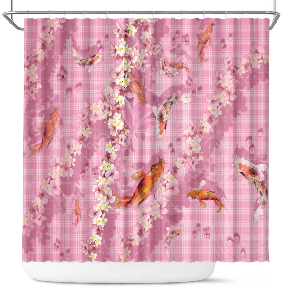 Pink Palaka Hawaiian And Japanese Shower Curtain Sakura Lei With Koi Fish - Polynesian Pride