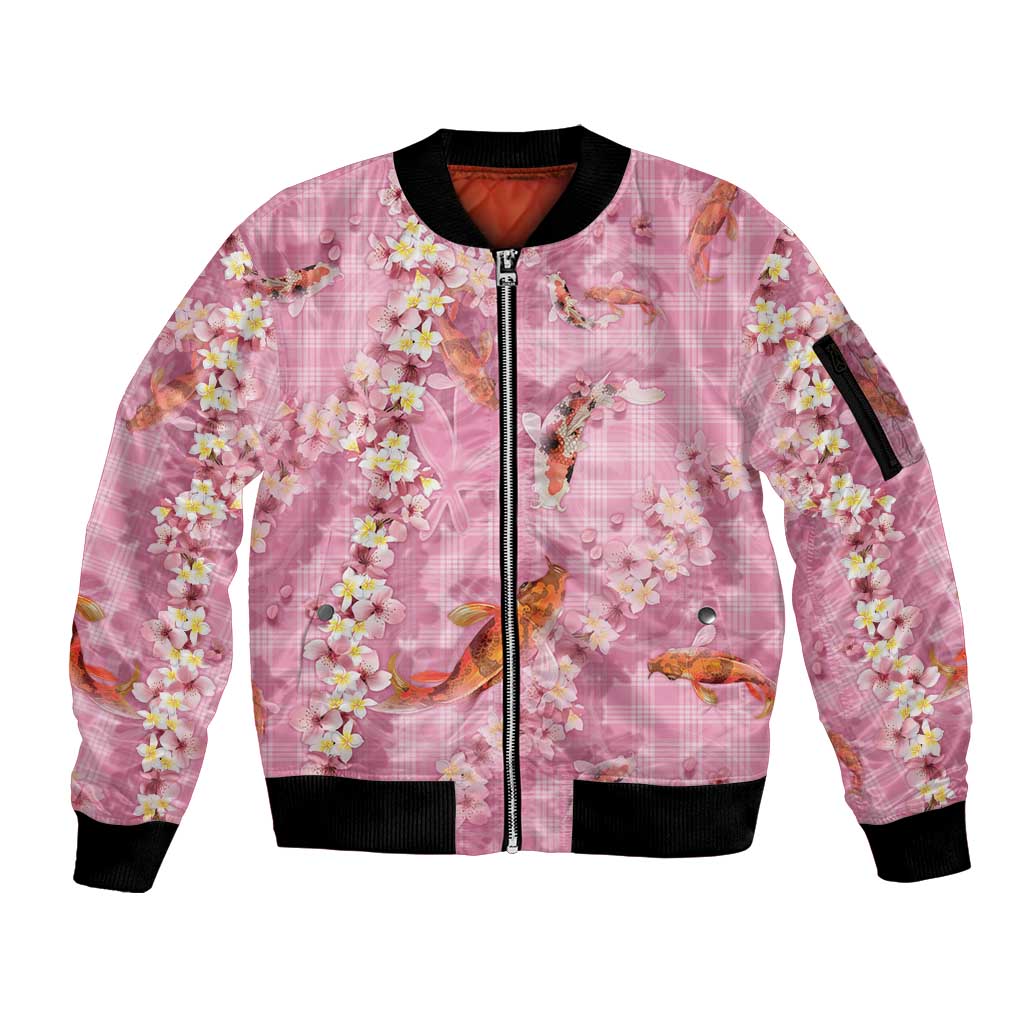 Pink Palaka Hawaiian And Japanese Sleeve Zip Bomber Jacket Sakura Lei With Koi Fish - Polynesian Pride