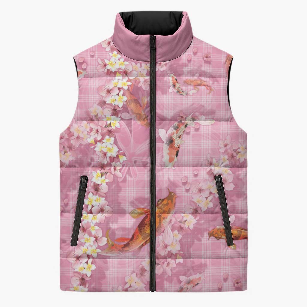 Pink Palaka Hawaiian And Japanese Sleeveless Puffer Jacket Sakura Lei With Koi Fish - Polynesian Pride