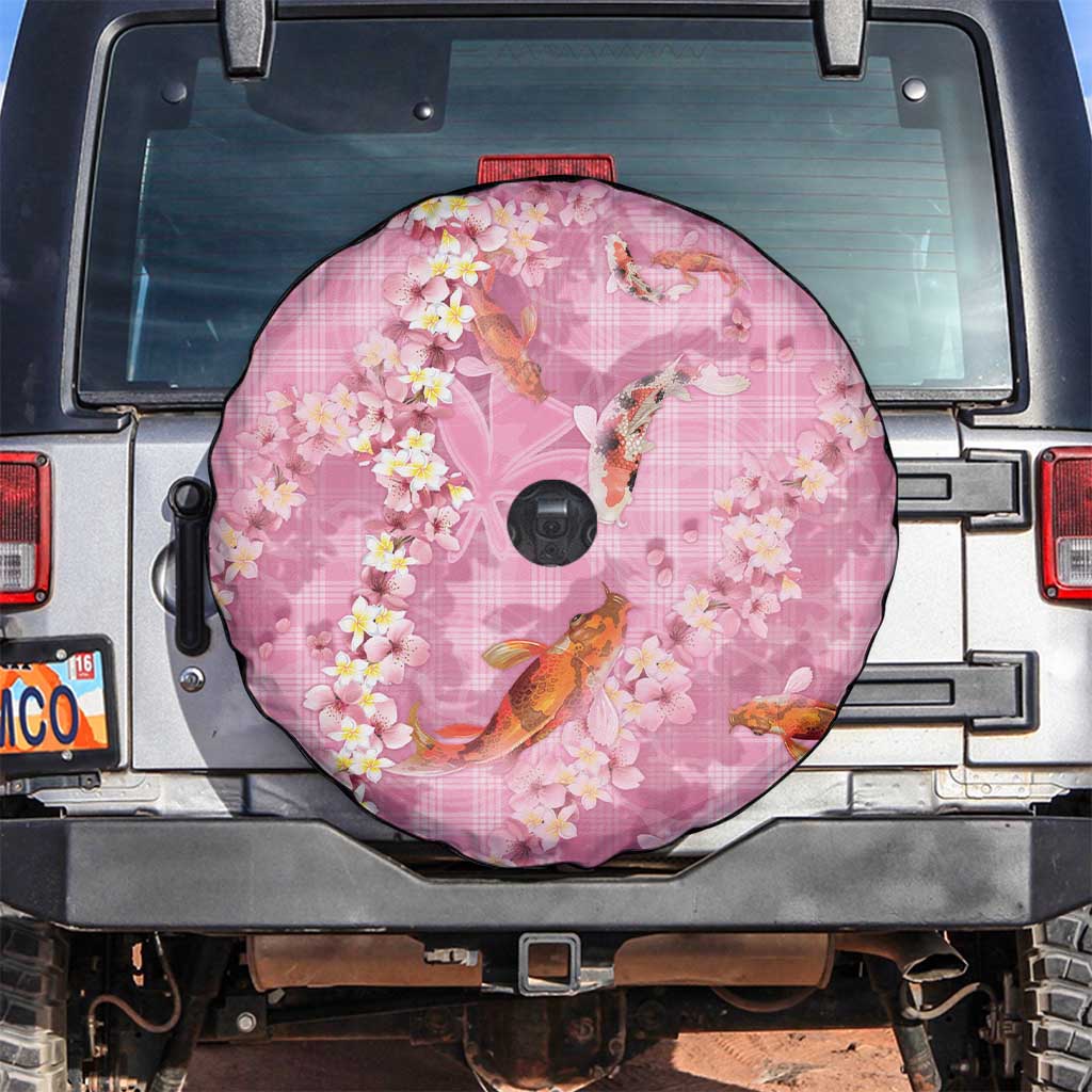 Pink Palaka Hawaiian And Japanese Spare Tire Cover Sakura Lei With Koi Fish - Polynesian Pride