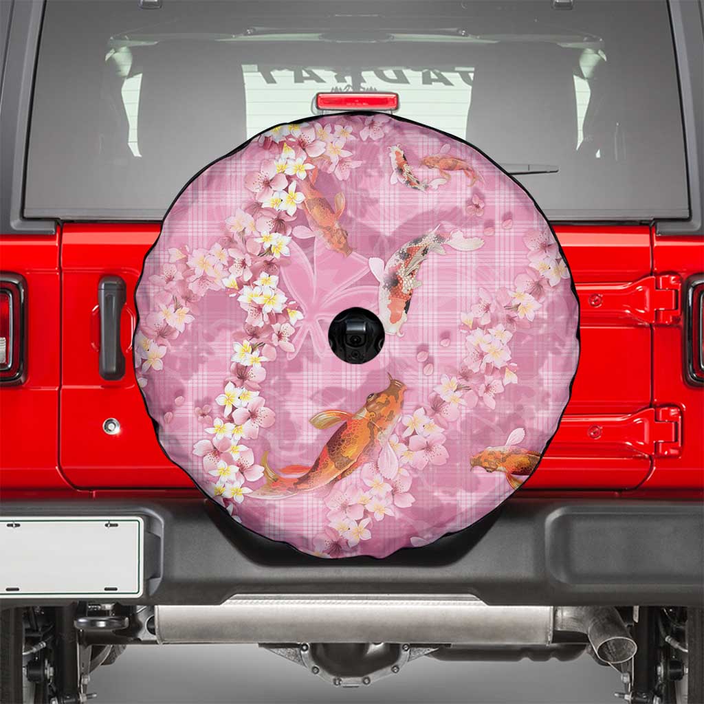 Pink Palaka Hawaiian And Japanese Spare Tire Cover Sakura Lei With Koi Fish - Polynesian Pride