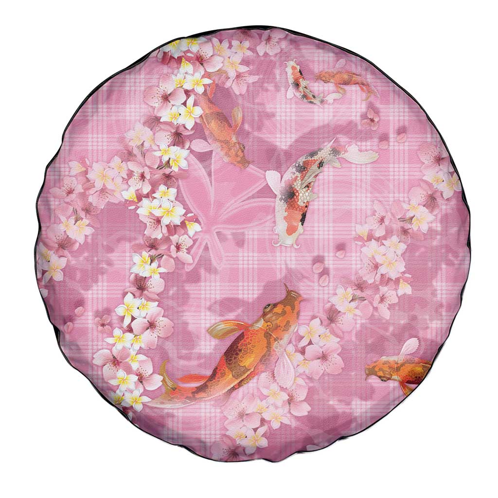 Pink Palaka Hawaiian And Japanese Spare Tire Cover Sakura Lei With Koi Fish - Polynesian Pride